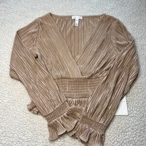 Leith Women's V-neck, Ls Pleated Cropped Elastic Waist Top, Gold XXS